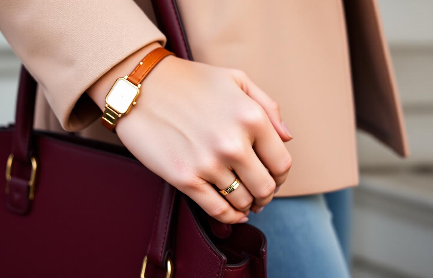 Editorial: woman with gold watch and bordeaux leather bag