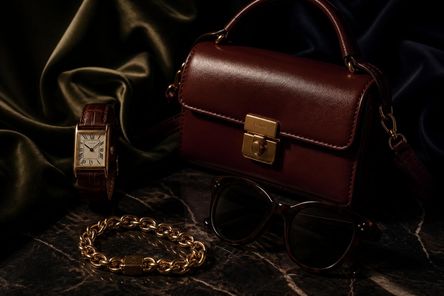 ChicPick curated luxury accessories — watch, bordeaux leather bag, sunglasses and gold bracelet